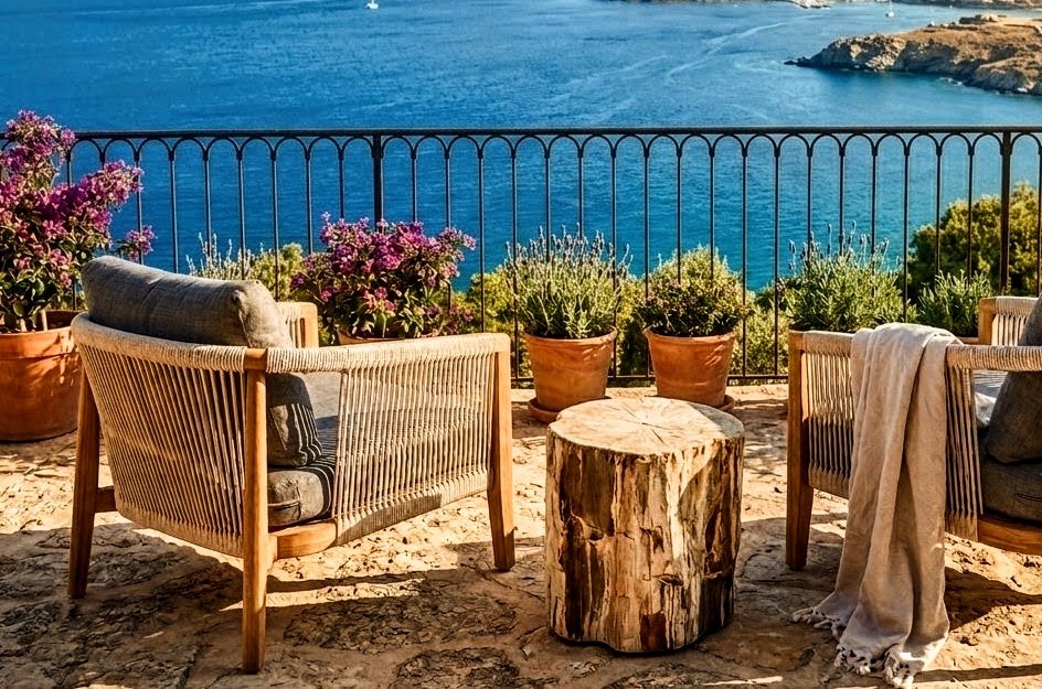 Terrasse avec vue et mobilier d’extérieur, ambiance méditerranéenne